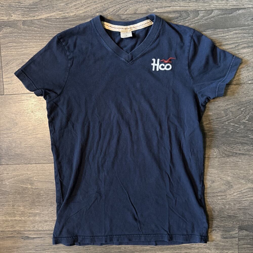 Y2K 2000's Hollister Sz S Navy V Neck Tee Hco Embroidered Logo Preppy Surfwear